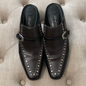 Brighton Black/chocolate Brown leather Mules.